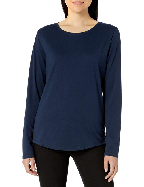 Amazon Essentials Women's Classic-Fit 100% Cotton Long-Sleeve Crewneck T-Shirt, Navy, Medium