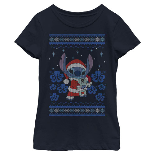 Disney Lilo Holiday Stitch Girl's Solid Crew Tee, Navy Blue, X-Large