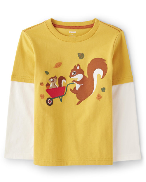 Gymboree Baby Boys and Toddler Embroidered Graphic Long Sleeve Layered T-Shirts Shirt, Squirrel, 18-24 Months US
