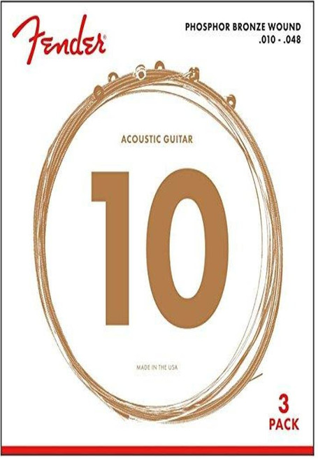 Fender Phosphor Bronze Acoustic Guitar Strings, Ball End, 60XL .010-.048 Gauges, 3-Pack
