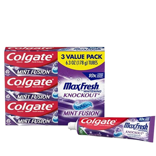 Colgate Max Fresh Knockout with Whitening Toothpaste with Mini Breath Strips, Mint Toothpaste for Bad Breath, 6.3 Oz Tube, 3 Pack