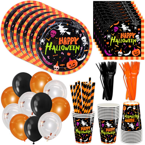 Halloween Paper Plates and Napkins Party Supplies Serves 24 Party Tableware Disposable Plates,Paper Cups,Dinner Napkins,Forks,Paper Straws,Balloons Party Dinnerware ser For Halloween,Total 144 PCS