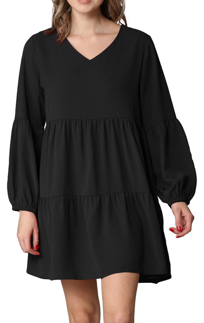 LL WDR2351 Women's Long Sleeve V Neck Casual Loose Flowy Swing Shift Dress M Black LL WDR2351 Women's Long Sleeve V Neck Casual Loose Flowy Swing Shift Dress M Black