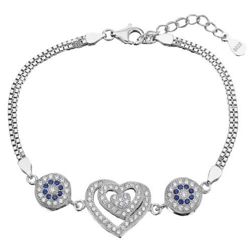 EVER FAITH 925 Sterling Silver CZ Two Blue Evil Eye Beautiful Love Heart Double Box Chain Bracelet Clear