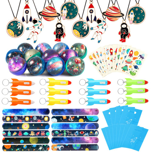 G.C Outer Space Party Favors Supplies Space Toys Kids Slap Bracelets Tattoo Stickers Bouncy Ball Helicopter Keychains Boys Girls Space Pendant Gift Bag Accessories Birthday Party