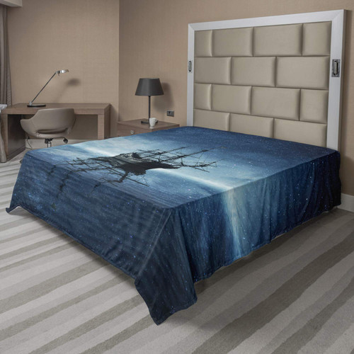 Ambesonne Pirate Ship Flat Sheet, Vessel on Dark Night Sea Starry Night Sky Water Reflection, Soft and Comfortable Top Sheet Decorative Bedding 1 Piece, Full Size, Blue Black