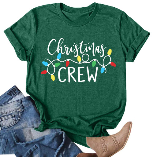 Christmas Crew Shirts for Women Xmas Shirt Top Short Sleeve Christmas Lights Print Graphic T Shirt Holiday Tees Green