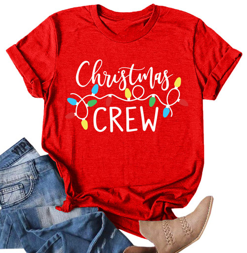 Christmas Crew Shirts for Women Xmas Shirt Top Short Sleeve Christmas Lights Print Graphic T Shirt Holiday Tees Red