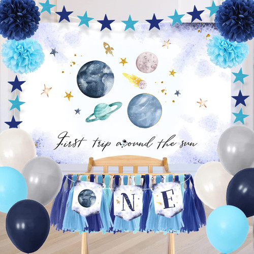 First Trip Around the Sun Set- Space Themed 1st Birthday Party Decor with Planet Backdrop Banner, Balloons for Kids Birthday Party,Outer Space Birthday Party,Space Theme Party(Space)