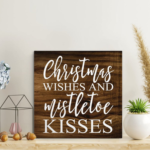 LITTLEGROVE SEEDS Vintage Wood Sign Christmas Wishes And Mistletoe Kisses Wooden Signs Farmhouse Family Wall Art Rustic Wall Decor Wall Decor for Kitchen Bedroom Living Room Foyer 10x10in