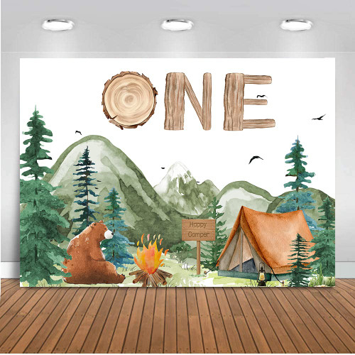 ANSHUHAI Forest Camping Happy Birthday Backdrop One Happy Camper Birthday Decorations Boy's Adventure 1st Birthday Party Photography Background Tent Campfire Camping Theme Party Banner (7x5ft)