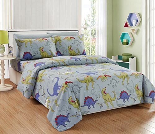 Linen Plus Twin Size 3pc Sheet Set for Boys Dinosaur Grey Blue Red New