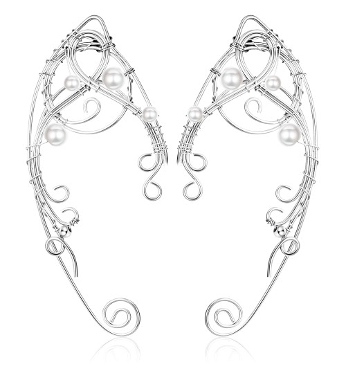 SAILIMUE Elf Ear Cuffs Handmade Clip-on Earrings Handcraft Hollowed Leaf Pearl Beads Wing Tassel Filigree Elf Ear Jewelry for Fantasy Fairy Ears Elven Cuff Wrap Earrings Halloween Cosplay Costume