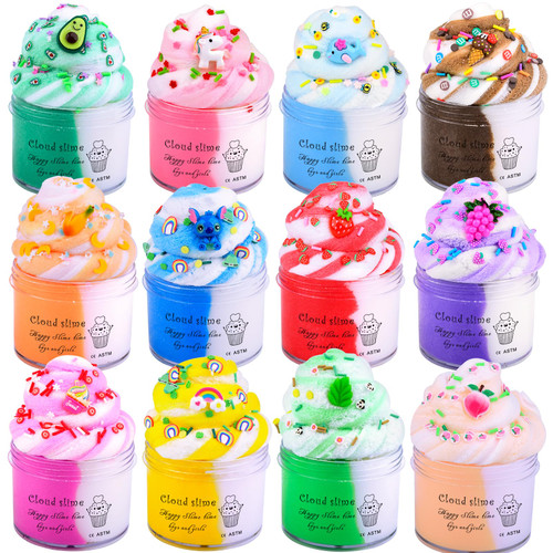 12 Pack Cloud Slime Kit, DIY Stress Relief Toy Cake Slime with Cute Slime Charms, Kids Party Favors Slime Putty Toys Gift, Christmas Slime