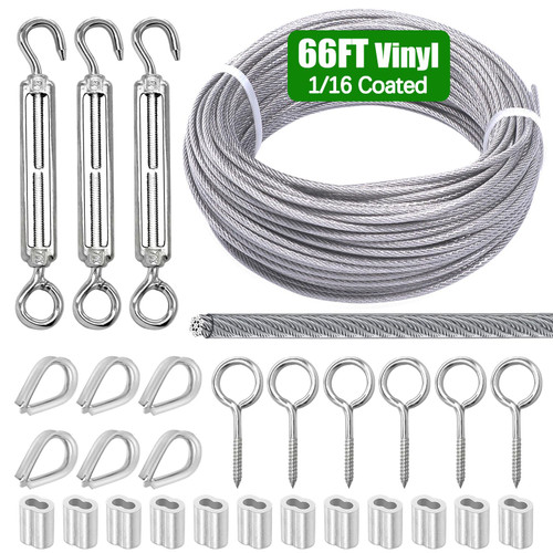 Twidec/Cable Wire Railing Kit 66ft Stainless Steel Vinyl Coated Wire Rope 1/16,Turnbuckle Tension Hook and Eye Screw,Wire Rope Thimbles,Crimping Sleeves for Cable Railing Clothesline DIY Balustrades