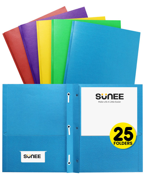 SUNEE 2 Pocket Folders with Prongs (25 Pack, Assorted Colors), Paper Folders with 2 Pockets and 3 Prongs Fit Letter Size Paper, Folders with Prongs for School Office Home Bussiness