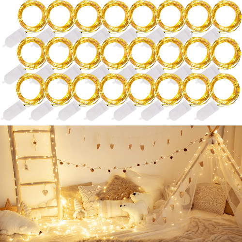 WATERGLIDE 24 Pack Fairy Lights Battery Operated (Included), 6.5ft 20 LED Mini String Lights, Waterproof Silver Wire Firefly Starry Lights for DIY Wedding Christmas Party Mason Jars Decor, Warm White