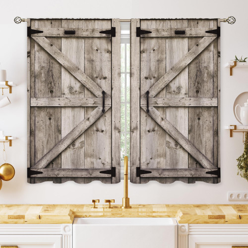 oolygoo Rustic Wooden Small Kitchen Curtains Farmhouse Barn Door Window Treatment Western Cafe Short Window Curtains for Bathroom Dining Laundry Room Country Wood Tier Treatment Drapes 27.5x39 inch