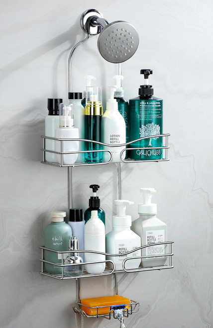 DAOYA Shower Caddy Over Shower Head Rustproof & Waterproof Shower Organizer with 6 Hooks for Razor&Sponge - Over The Shower Head Caddy with Soap Basket - Hanging Shower Storage, Silver