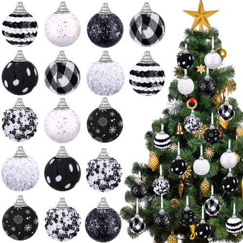 Glimin 40 Pcs Christmas Ball Ornaments Christmas Ball Black White Tree Ornament Glitter Sequin Fabric Wrapped Decorative Miniature Christmas Ornaments Hanging Christmas Tree Decorations for Tree