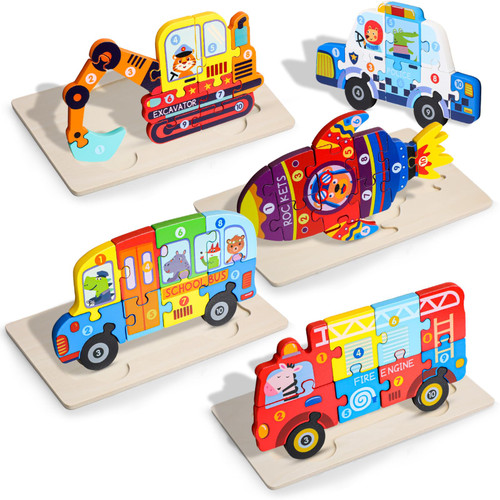 Junkin 5 Pieces Wooden Puzzles for Kids Wooden Transportation Puzzles Toys Toddler Jigsaw Puzzles Montessori Educational Learning Toys for Aged Over 6 Boys and Girls