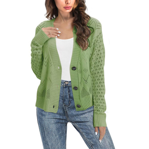 Women's Long Sleeve Open Front Cardigan Cable Knit Cardigan Sweaters Lightweight Hollow Out Button Down Casual Sweater Green