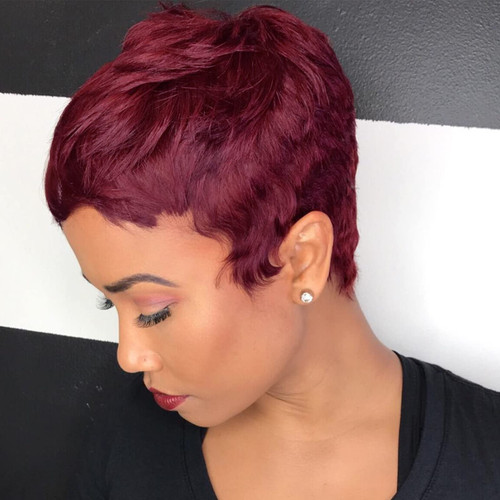 Yargel Hair Glueless Wear and Go Wig Red Short Human Hair Wigs for Black Women Pixie Cut Wig with Bangs Red Layered Pixie Wigs None Lace Front Glueless Wigs(Red)