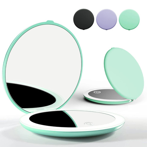 Finway LED Lighted Compact Mirror,1X/5X Magnification Compact Mirror Travel Makeup Mirror,4.05 inch Illuminated Folding Mirror, Handheld 2-Sided Mirror,Portable Folding Mirror for Pocket,Cyan