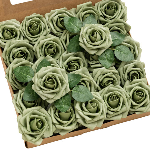 Ling's Moment Artificial Wedding Flowers 25pcs Elf Green Fake Foam Roses w/Stem for DIY Wedding Decor Centerpieces Arrangements Bouquets