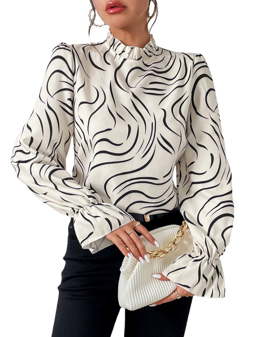 MakeMeChic Women's Casual Graphic Print Long Sleeve Ruffle Mock Neck Blouse Shirt Top Beige C XL