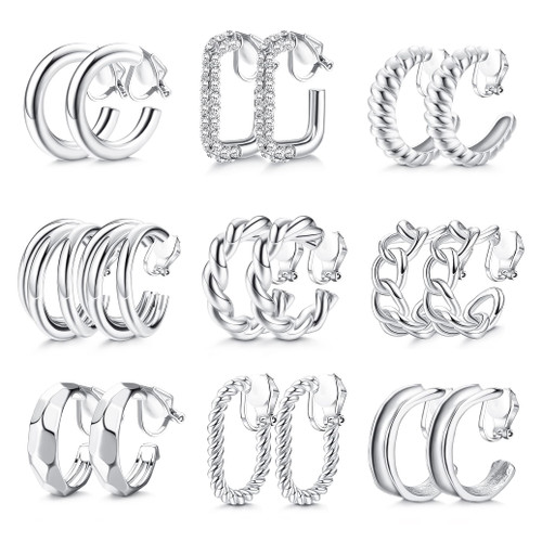 FASACCO 9Pairs Gold Clip on Hoop Earrings for Women Retro Clip on Earrings Twist Triple CZ Square Chunky Hoop Earrings Geometry Clip Earrings No Piercing Fake Earrings, Silver