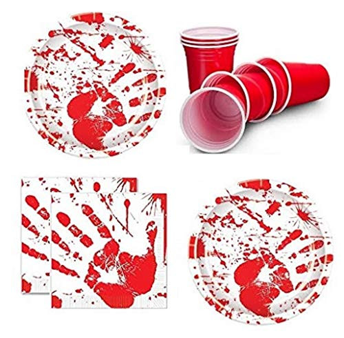 Zombie Party Supplies - Halloween Party Bloody Handprints - Party Pack for 16 Guests Including: Large Plates, Napkins & Cups