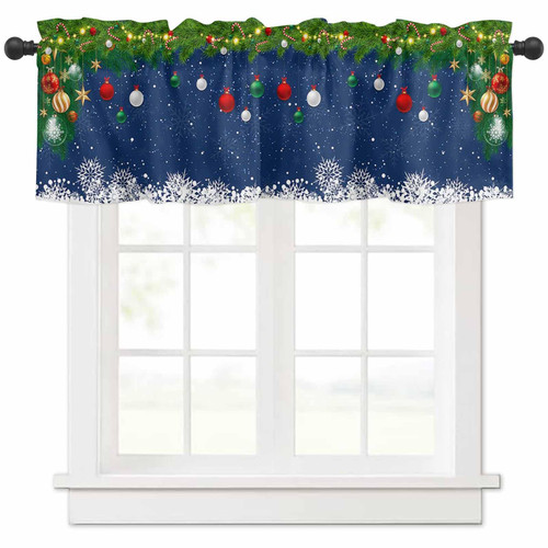 Homechoid Blue Christmas Curtain Valance for Windows/Living Room/Kitchen/Bathroom/Farmhouse, Xmas Snowflake Red Balls Branches Short Rod Pocket Tier Curtain Window Treatment, 1 Panel 54x18 Homechoid Blue Christmas Curtain Valance for Windows/Living Room/Kitchen/Bathroom/Farmhouse, Xmas Snowflake Red Balls Branches Short Rod Pocket Tier Curtain Window Treatment, 1 Panel 54x18