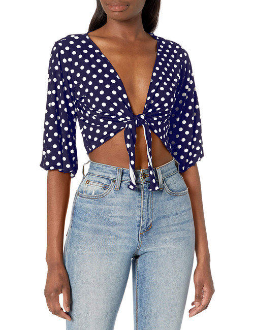 Star Vixen Women's 3/4 Sleeve Tiefront Shrug, Navy/White dot, S