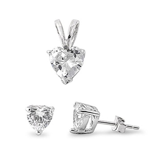 Solitaire Heart Earrings Clear Simulated CZ .925 Sterling Silver Pendant Set Solitaire Heart Earrings Clear Simulated CZ .925 Sterling Silver Pendant Set