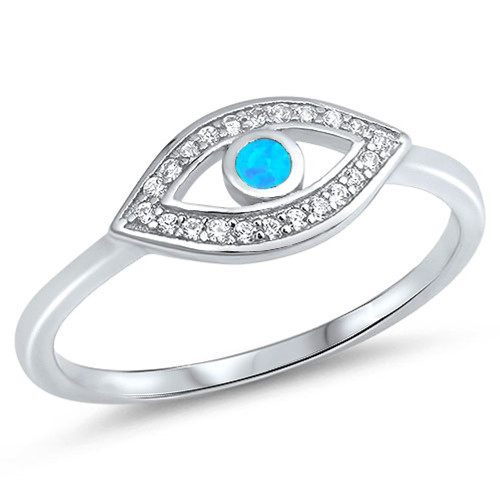 Clear CZ Blue Simulated Opal Evil Eye Halo Ring .925 Sterling Silver Band Size 5