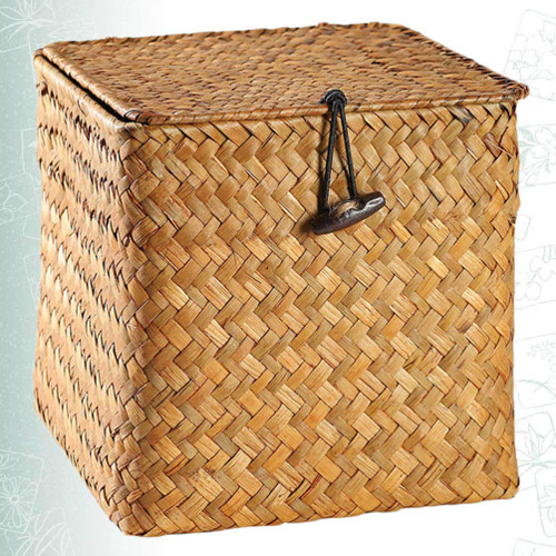 Hemoton Box shelf basket with lid basket storage wicker storage bins lidded basket baskets with lids woven straw bins rattan cube storage woven laundry basket Organizer drawer Wooden baby