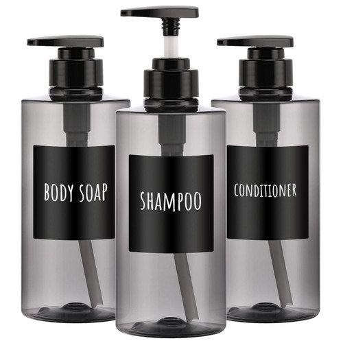 Shower Bottles Refillable, Segbeauty 3pcs 16.9oz/500ml Liquid Soap Dispenser with Labels, Empty Plastic Soap Lotion Pump Press Bottles for Shampoo Conditioner Body Soap Hand Soap Bathroom Hotel Gray