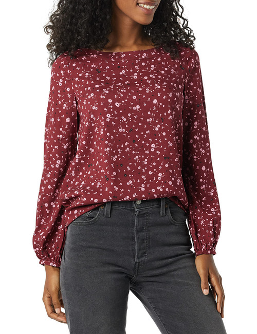 Amazon Essentials Women's Lightweight Georgette Blouson Sleeve Shirt, Dark Red Ditsy Floral, X-Small