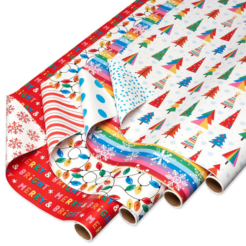 American Greetings 160 sq. ft. Christmas Wrapping Paper Bundle, Rainbow String Lights (4 Rolls 30 in. x 12 ft.)