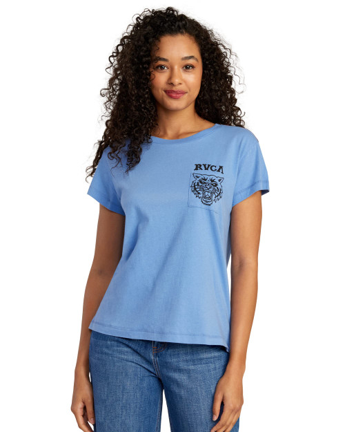 RVCA Women's Red Stitch Short Sleeve Graphic Tee Shirt, Heritage/Blue Yonder, Medium