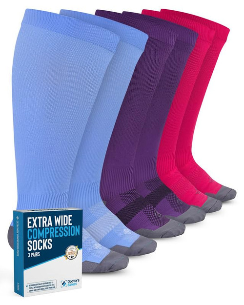 Doctor's Select Plus Size Compression Socks Wide Calf - 3 Pairs | Up to 6XL | 20-30mmHg | Pink & Purple & Blue | Plus Size Compression Socks for Women Wide Calves | Wide Calf Socks