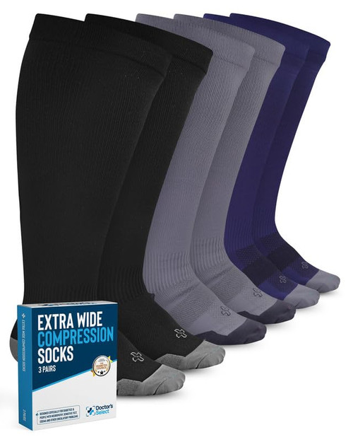 Doctor's Select Plus Size Compression Socks Wide Calf - 3 Pairs | Up to 6XL | 20-30mmHg | Black & Gray & Navy | Compression Socks Plus Size Women | Wide Calf Compression Socks Women