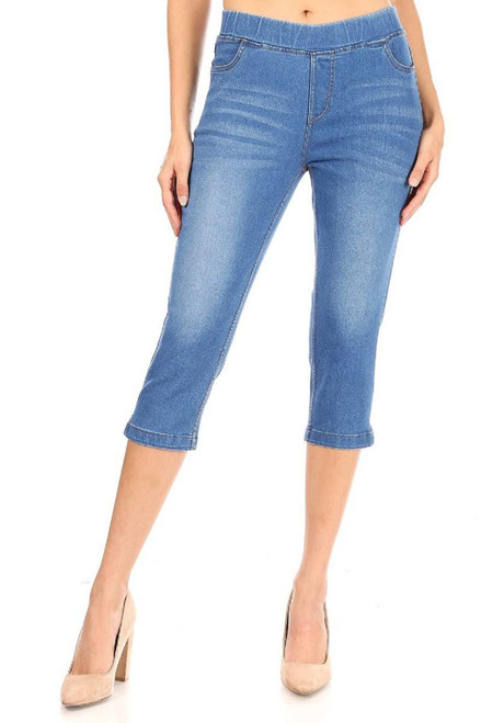 Women's Capris Jean Skinny Pull-On Denim Capri Pants for Women Cropped Jeans Leggings with Pockets Blue Size Medium
