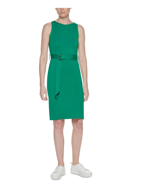Calvin Klein Womens Green Stretch Belted Unlined Sleeveless Boat Neck Above The Knee Wear to Work Sheath Dress 2