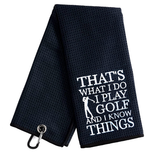 Warehouse No.9 That's What I Do I Play Golf and I Know Things Golf Towel, Embroidered Golf Towels with Clip for Dad, Men, Golfer, Husband, Boyfriend Retirement Christmas Birthday Gifts