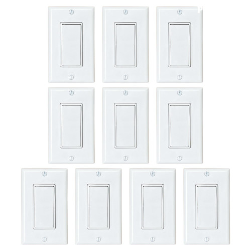 [10-Pack] PROCURU Decorator Paddle Rocker Light Switch, Single Pole, 3-Wire, Grounding 15A 120V-277V, White, UL Certified, Includes Wall Plate Covers