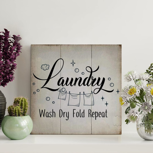 LITTLEGROVE SEEDS Vintage Wood Signs Wash Dry Fold Repeat Laundry Wooden Signs Farmhouse Wall Art Rustic Wall Decor Wall Decor for Home Kitchen Living Room Coffee Bar 8x8in