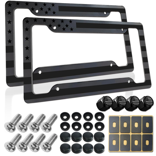 BGGTMO American Flag License Plate Frames- 2 Pack Black Grey Patriotic USA Aluminum Car Tag Holder Cover for Front Rear, with Screws Caps