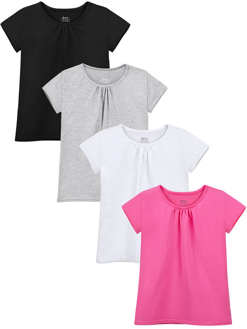 Poroka 4 Pack Children Girls' Cotton Short Sleeve Puff Sleeve Tee Tops Solid Crew Neck Tee Short-Sleeve Shirts for Kids